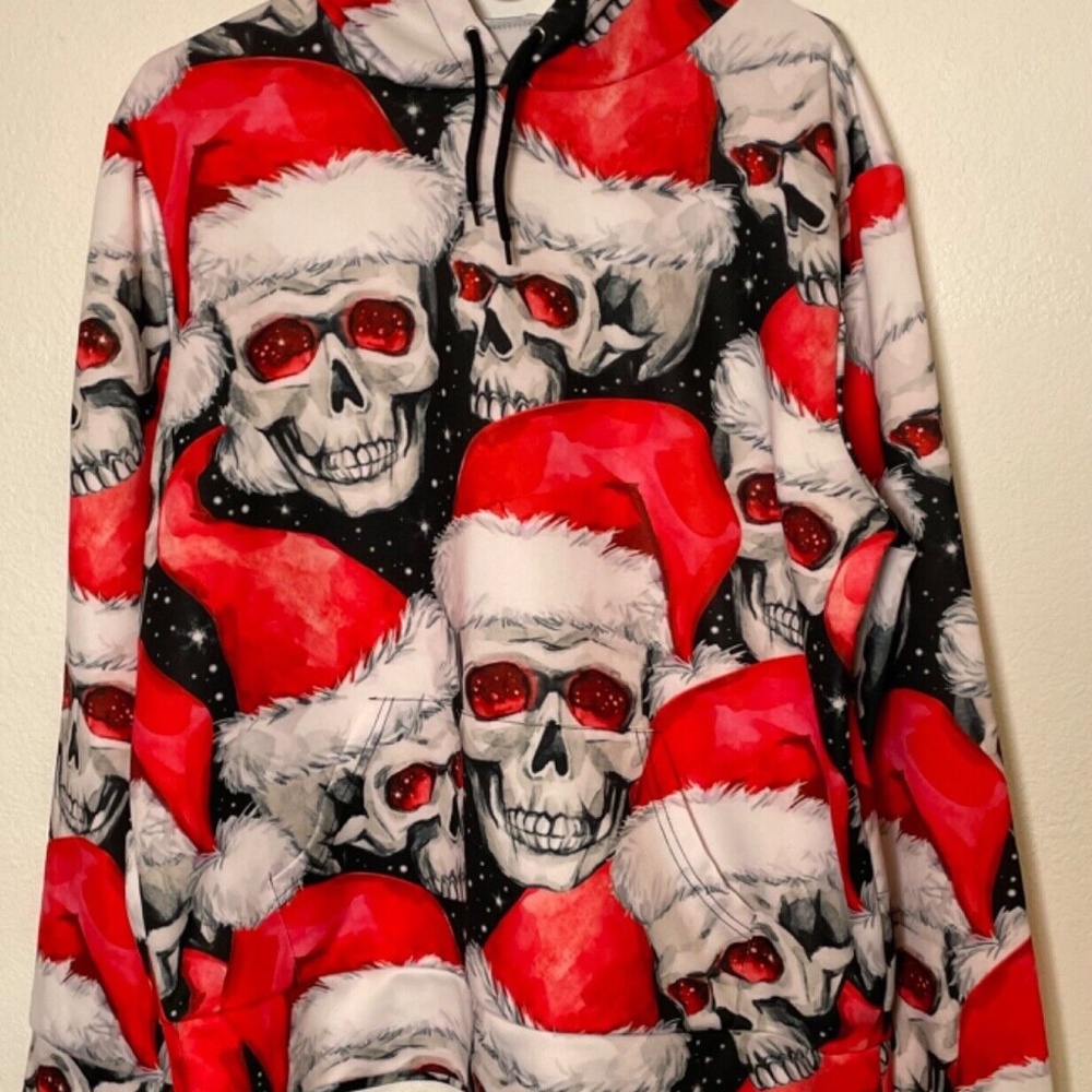 Excellent Men's Christmas Santa Hat On Skulls Hoodie Large?